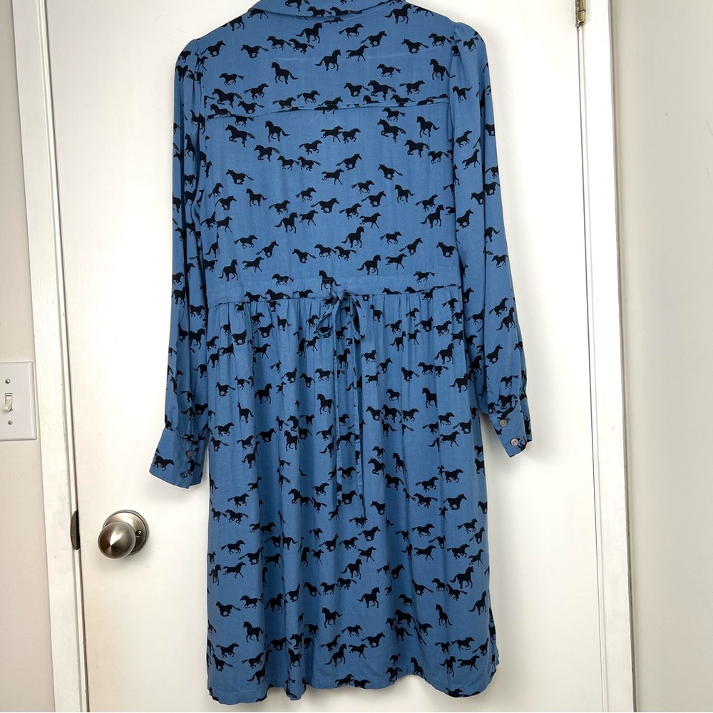 Anorak Horse Print Babydoll Tie Back Dress size 12 Blue Multi Twee Westerncore - Picture 3 of 11